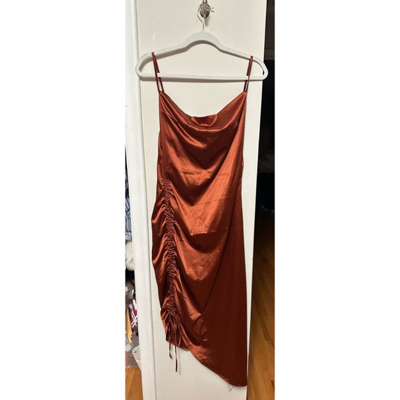 Cowl Neck Ruched Drawstring Knot Asymmetrical Satin Cami Dress - Picture 3 of 4